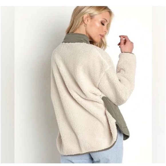 Z Supply Cannon Quilted Sherpa Jacket Dusty Olive Small Cozy Fleece Snap Front - Picture 4 of 8